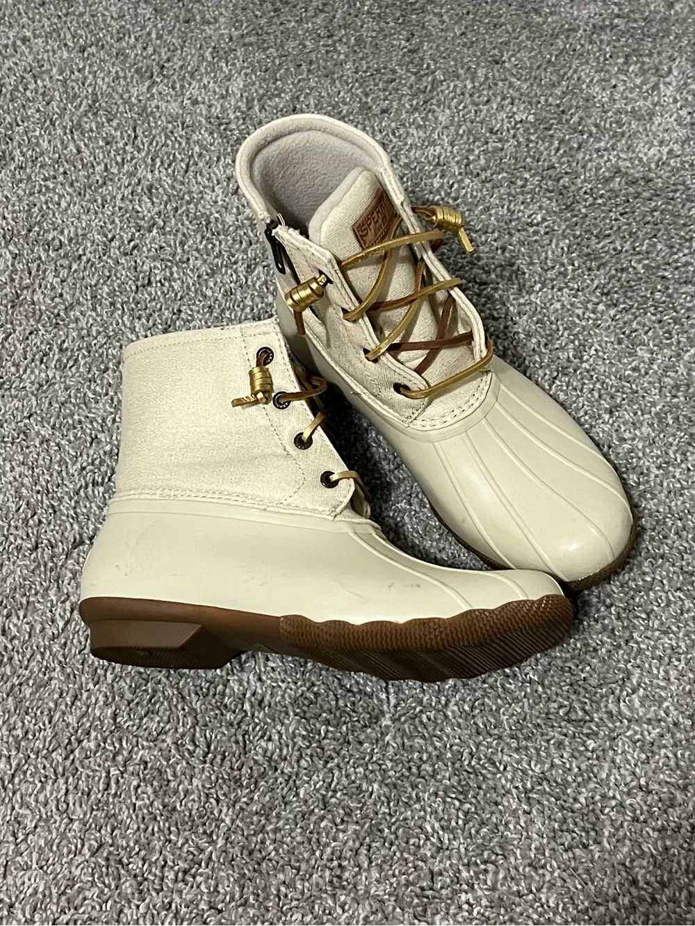 Sperry Cream Canvas & Tan Rubber Duck Boots